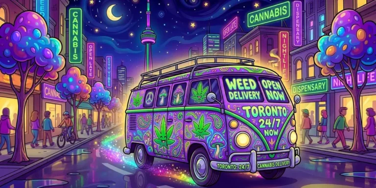 Weed Delivery Open Now in Toronto: 24/7 Cannabis Delivery, a vibrant purple and green kombi van cruising through the illuminated streets of Toronto at night, adorned with psychedelic patterns and whimsical graphics. The scene is infused with a colorful, cartoonish style, featuring exaggerated, surreal trees and glowing neon signs. A starry sky overhead adds to the dreamlike atmosphere, creating a lively and playful depiction of cannabis culture in the city.